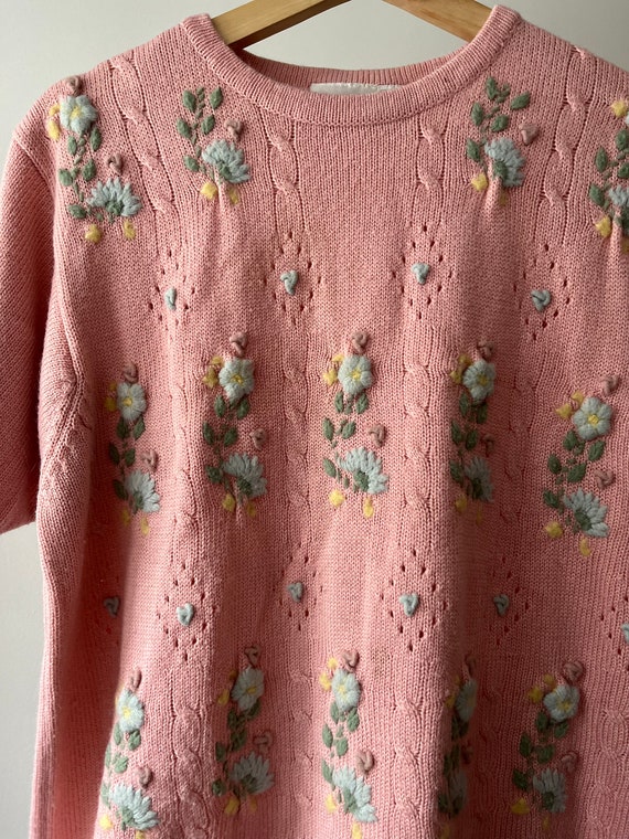 1990s Embroidered Floral Pastel Knit | Vintage Fl… - image 2