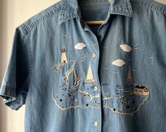 1990s Embroidered Sailboat Cottage Button Up | Vintage Denim Blouse