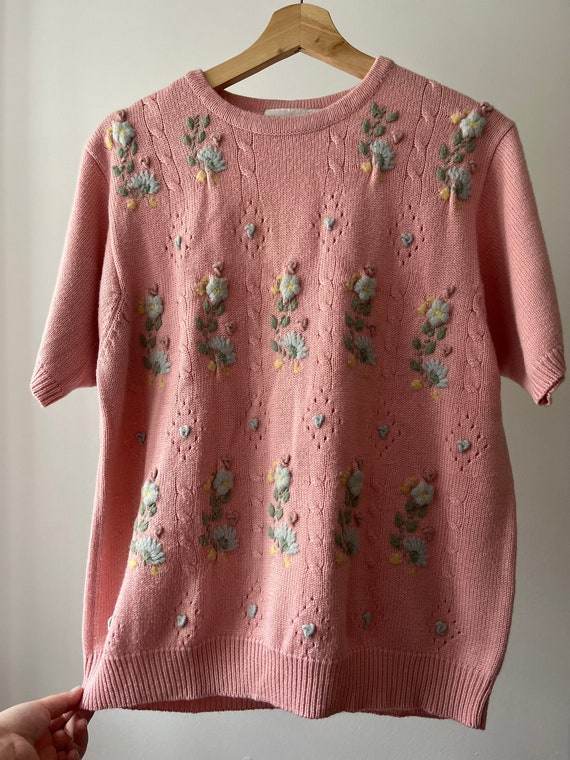 1990s Embroidered Floral Pastel Knit | Vintage Fl… - image 1