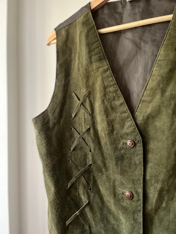 1990s Suede Olive Green Vest | Vintage Waistcoat - image 2