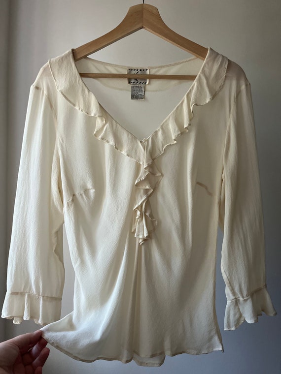 1990s Silk Flowy Blouse | Vintage Sheer Ruffled Cr