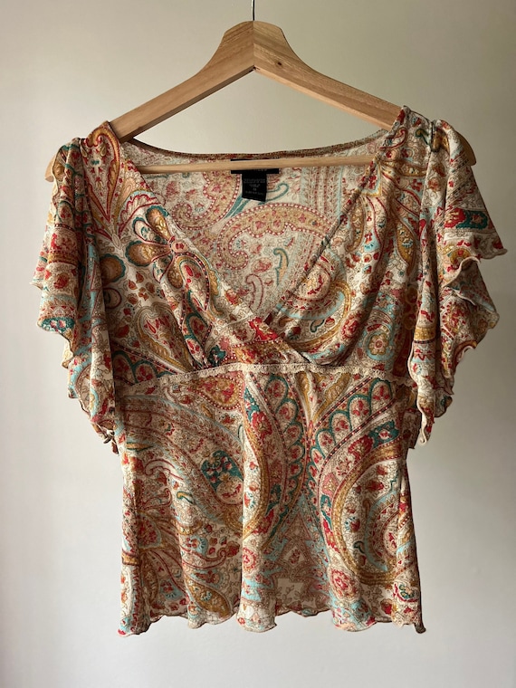 Y2K Paisley Butterfly Sleeve Top | Vintage Wrap T… - image 1