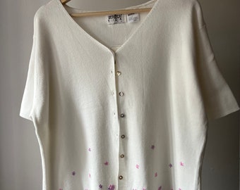 1990s Embroidered Floral Cardigan | Vintage White Flower Sweater