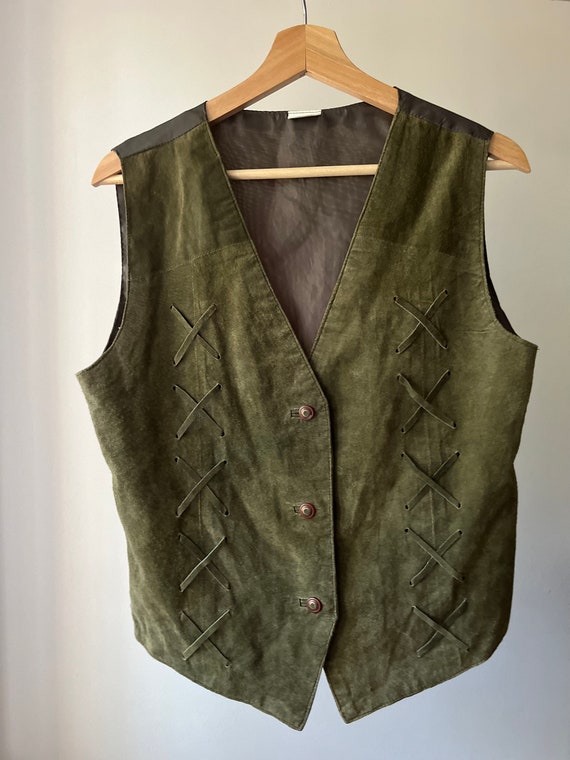 1990s Suede Olive Green Vest | Vintage Waistcoat - image 1