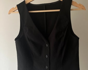1990s Cropped Black Vest | Vintage Women's Suit Waistcoat