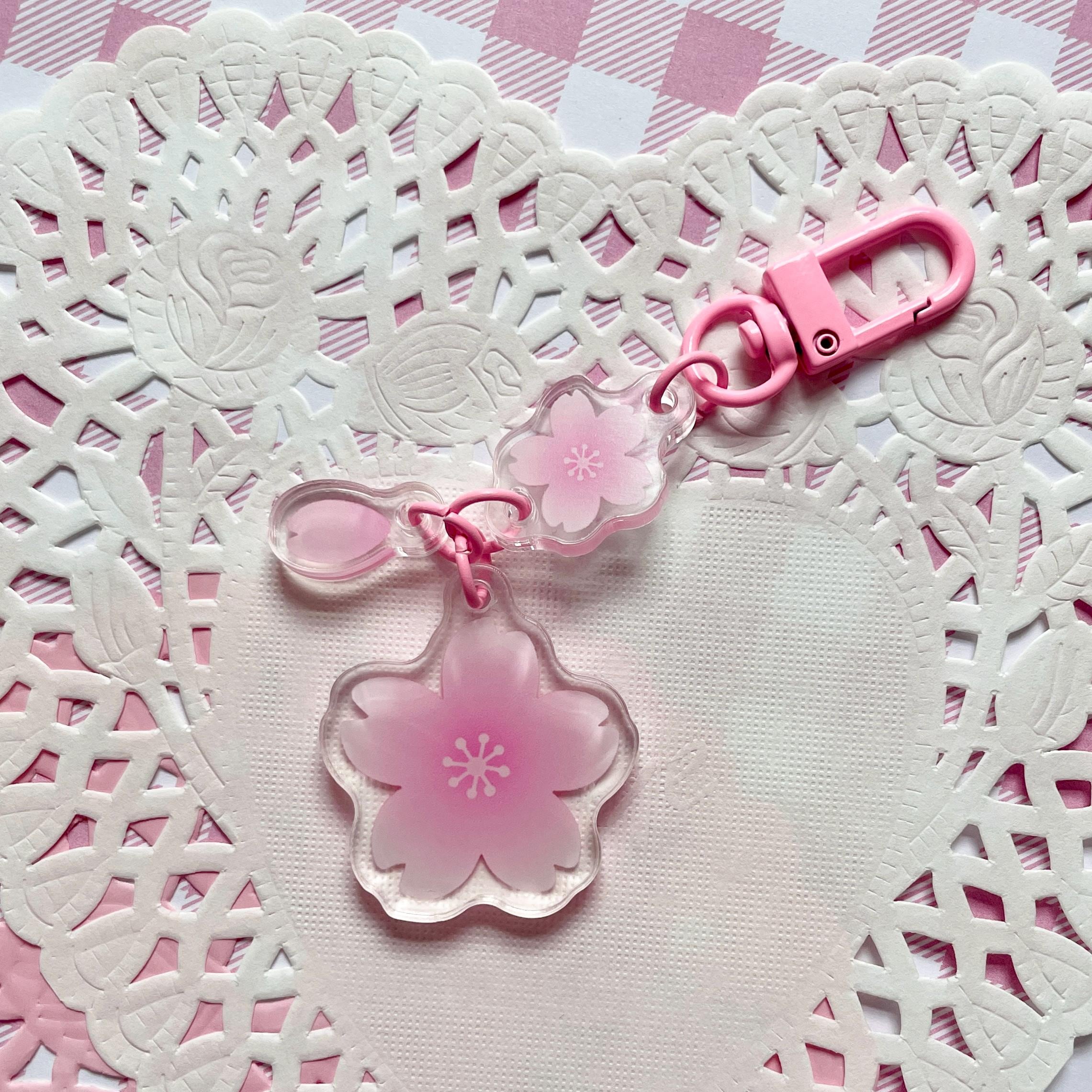Sakura Linked Acrylic Keychain | Pastel Pink Japanese Cherry Blossom Charm | Kawaii Bag Charm Trinkets Floral Keyring Purse Decor