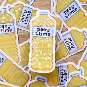 May include: A set of six yellow and white stickers with a cartoon water bottle and the text "pee time" with stars.
