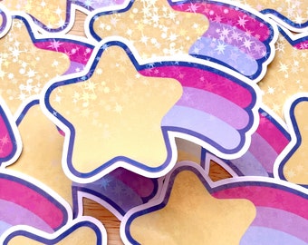 Adesivo à prova d'água de estrela cadente | Decalque pastel holográfico brilhante | Design de estrela arco-íris kawaii | Adesivo de corte e vinco fácil de descascar | Seguro contra raios UV