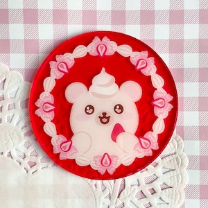 Strawbearies & Cream Coaster | Translucent Jelly Acrylic Coaster | Kawaii Bear and Strawberry Design | Cute Fruit Home Decor | Lovecore