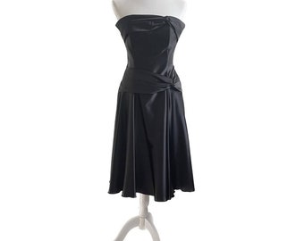 90’s Vintge Jessica McClintok Black Satin Drop Waist Bow Detail Dress