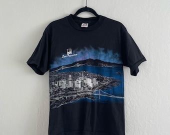 Camiseta vintage de San Francisco, talla mediana, con paisaje urbano, cruzada, con una sola puntada y gráfico unisex, puente Golden Gate, negra, años 90