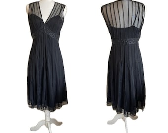 Y2K ICE Black Whimsigoth Fairy Goth Grunge Sheer Beaded Midi Dress Womens Size 8 Sheer Glam Retro V Neck Goth Vamp Vampire
