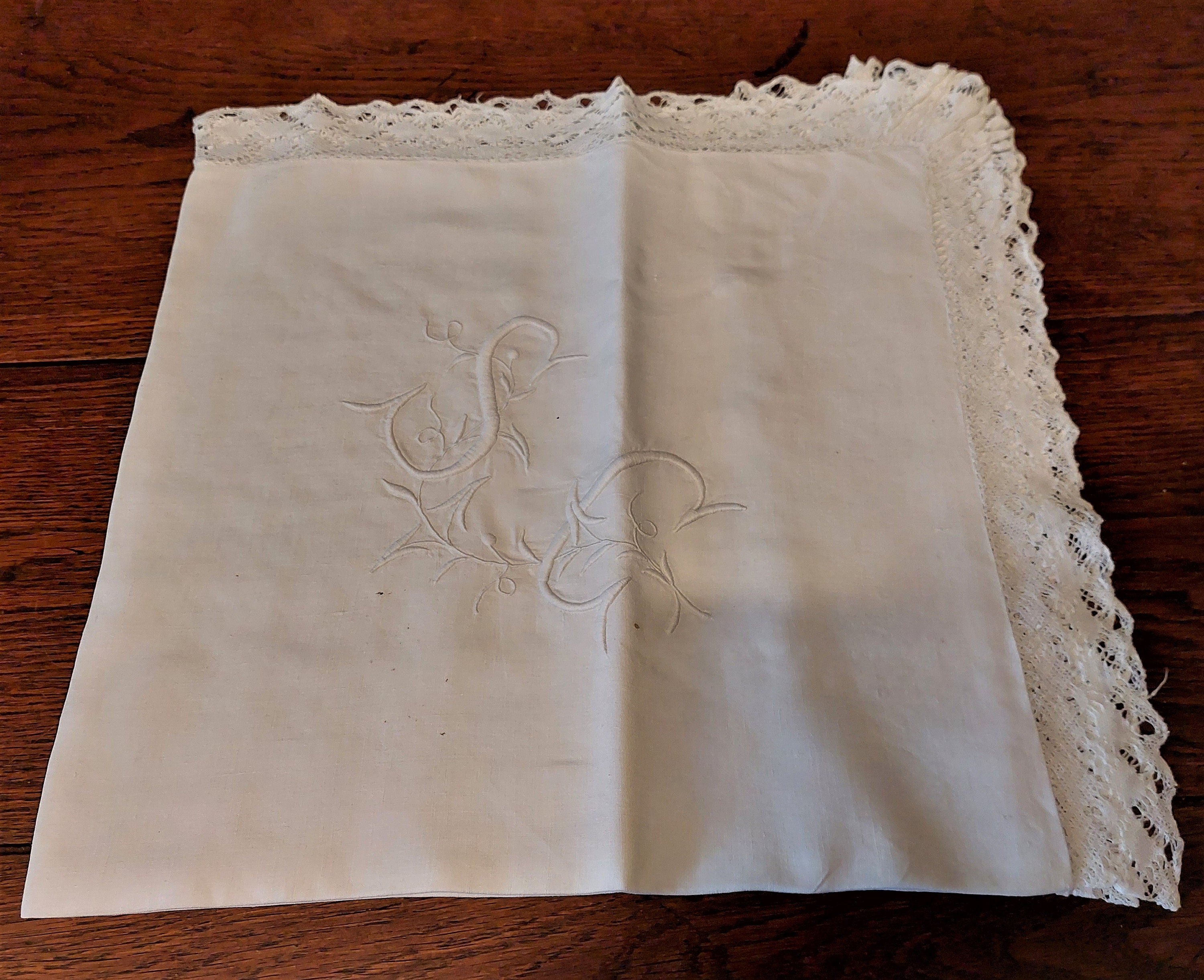 Vieux Français Taie d'oreiller Broderie de Lin Monogramme