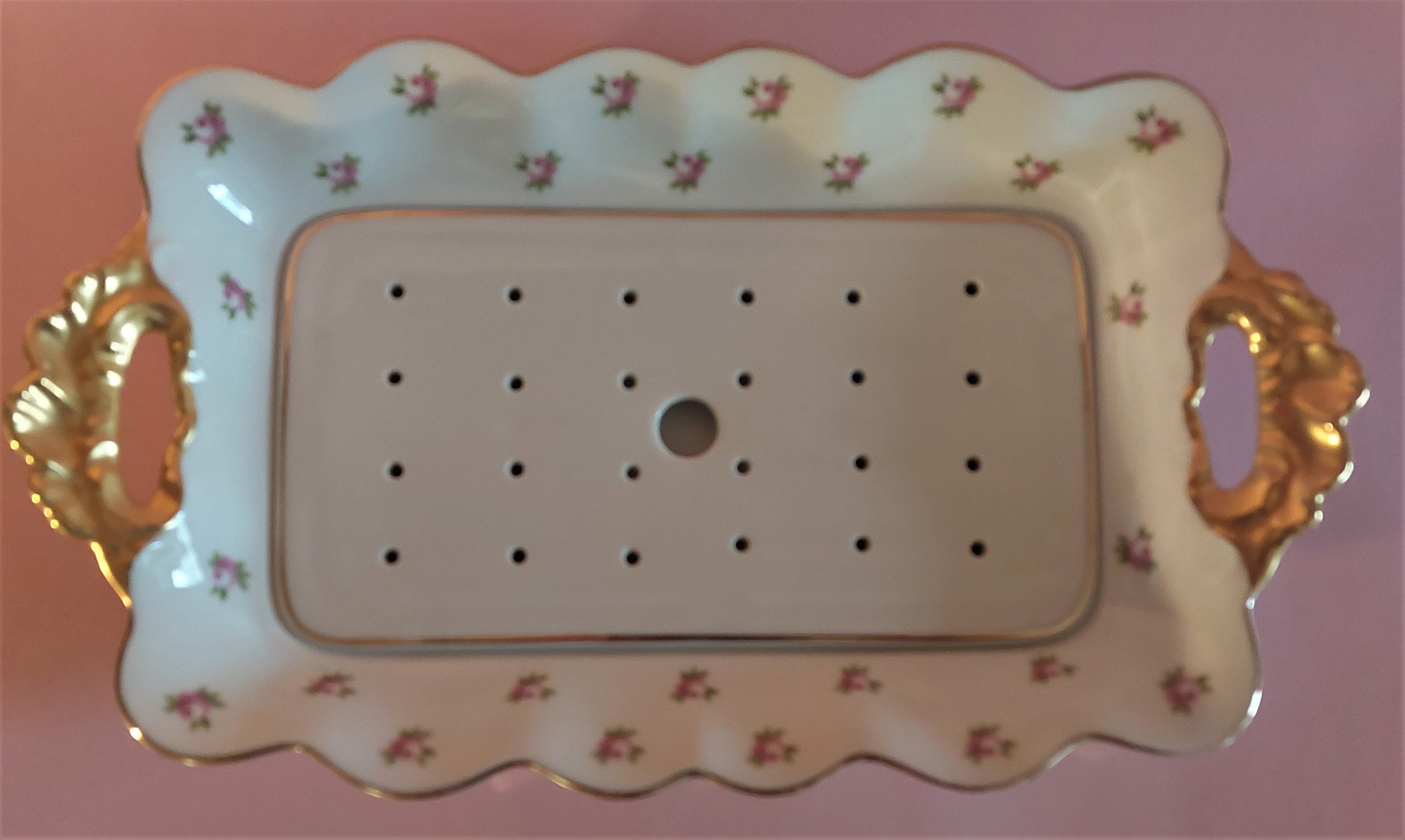 Plat à Asperges et Égouttoir Porcelaine de Limoges Uc Semis Roses