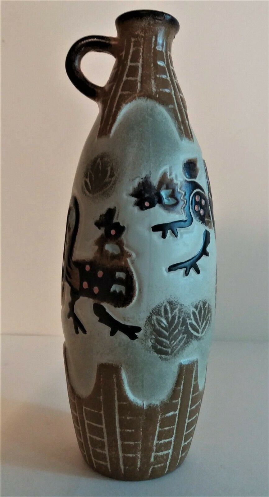 Vase en Grès Décor Aux Coqs Céramique Vintage Xxème