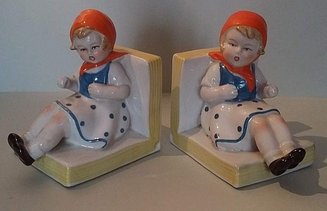 Vintage Français Majolique Serre-Livres Filles Décor