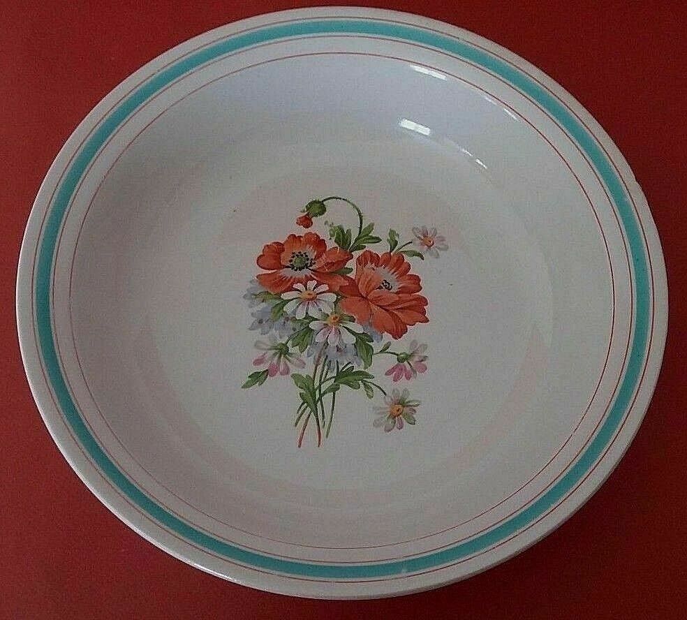 Antique Français Majolique Plat Profond Fleurs Décor Transferware Hamage