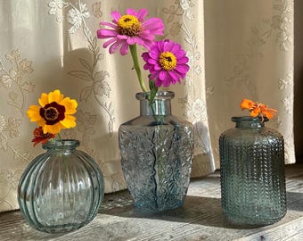 Vintage-Inspired Blue Glass Bud Vases, Sold Individually or as a Set