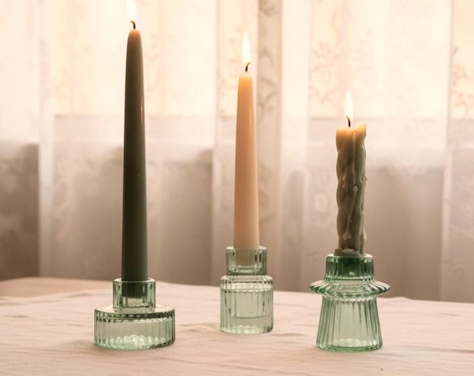Sage Green Glass Taper Candle Holder | Ribbed Vintage Style Candlestick | Set or Mix & Match