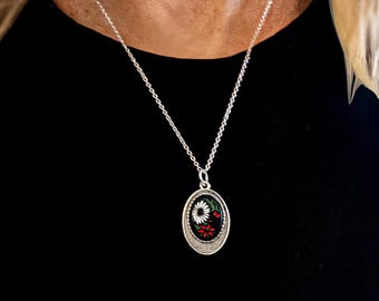 Vintage Hand Painted Floral Glass Pendant Necklace: Mid Century Black Cameo, Silver Chain