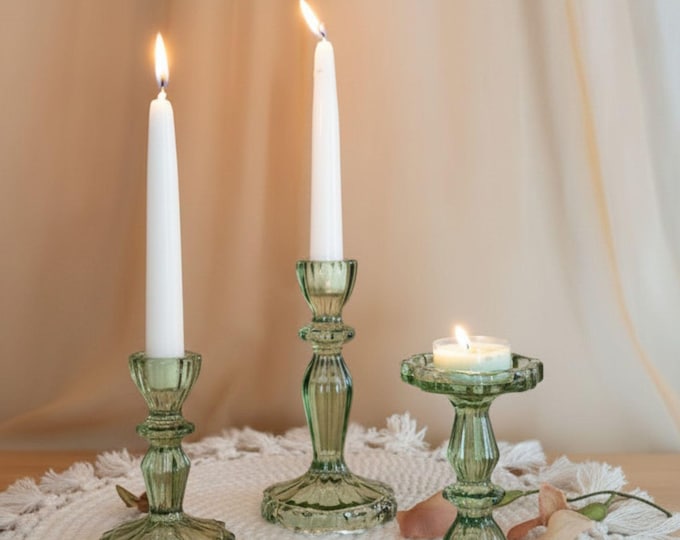 Vintage-Style Green Glass Candlestick Holders
