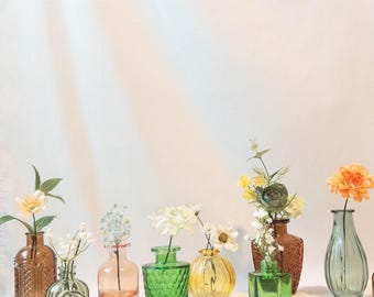 Vintage Style Glass Bud Vases | Earthy Botanical Bottle Vase | Cottagecore Home Decor | Sold Individually