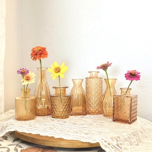 May include: A collection of seven amber-colored glass bud vases in various shapes and textures, each holding a single colorful flower. The vases feature designs including diamond patterns, vertical ribs, and smooth surfaces, arranged together.