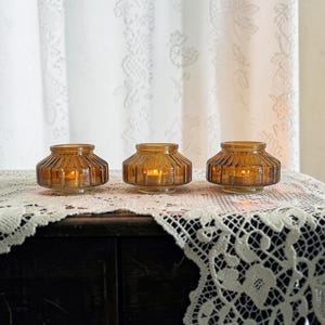 Amber Glass Votive Candle Holder • Ribbed Tea Light Holders • Vintage Table Decor • Warm Autumn Centerpiece, Individually or Set of 2 or 3