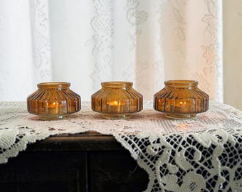 Amber Glass Ribbed Votive Holder • Vintage Style Tea Light Candle Decor