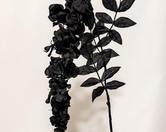 Black Cascading Wisteria Stem – 32" Faux Gothic Floral Arrangement, Dark Flowers