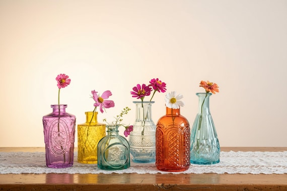 Colorful Pressed Glass Bud Vases | Vintage-Inspired Textured Mini Vessels | Sold Individually or as a Set