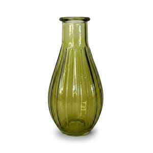 May include: A translucent olive green glass vase with a bulbous, teardrop-shaped body and a narrow neck. The exterior surface features vertical ribbed detailing that runs from the base up to the rim, creating a textured, fluted appearance.