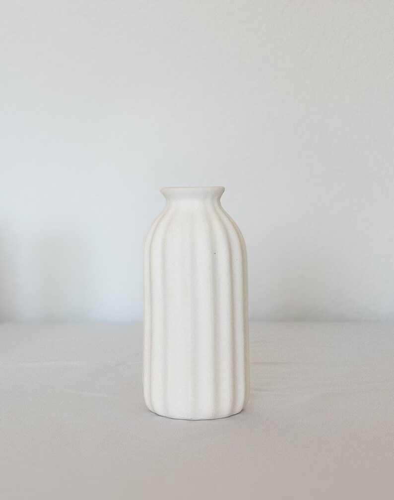 Pu&ograve; includere: Un vaso di ceramica bianca con un design a coste. Il vaso ha un collo stretto e una base arrotondata. Le costole verticali corrono lungo la lunghezza del vaso, creando una superficie strutturata. Il vaso &egrave; su una superficie bianca.