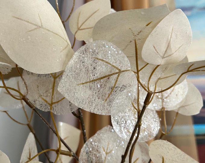 Featured listing image: Cream Glitter Eucalyptus Stem – Faux Leaf Spray, 27.5” Tall Artificial Branch