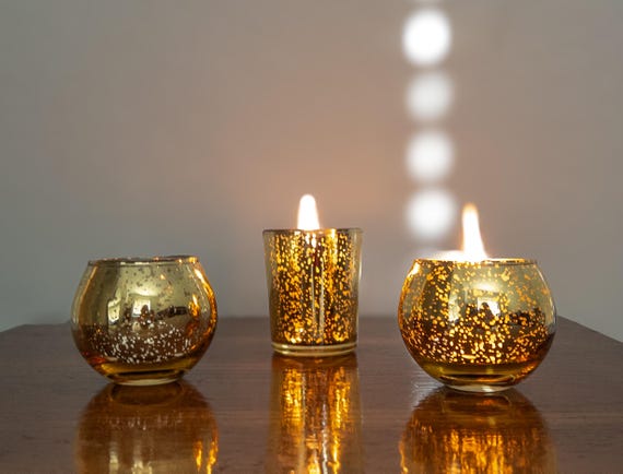 Gold Mercury Glass Tea Light & Votive Holders – Round or Cylinder – Sold Individually