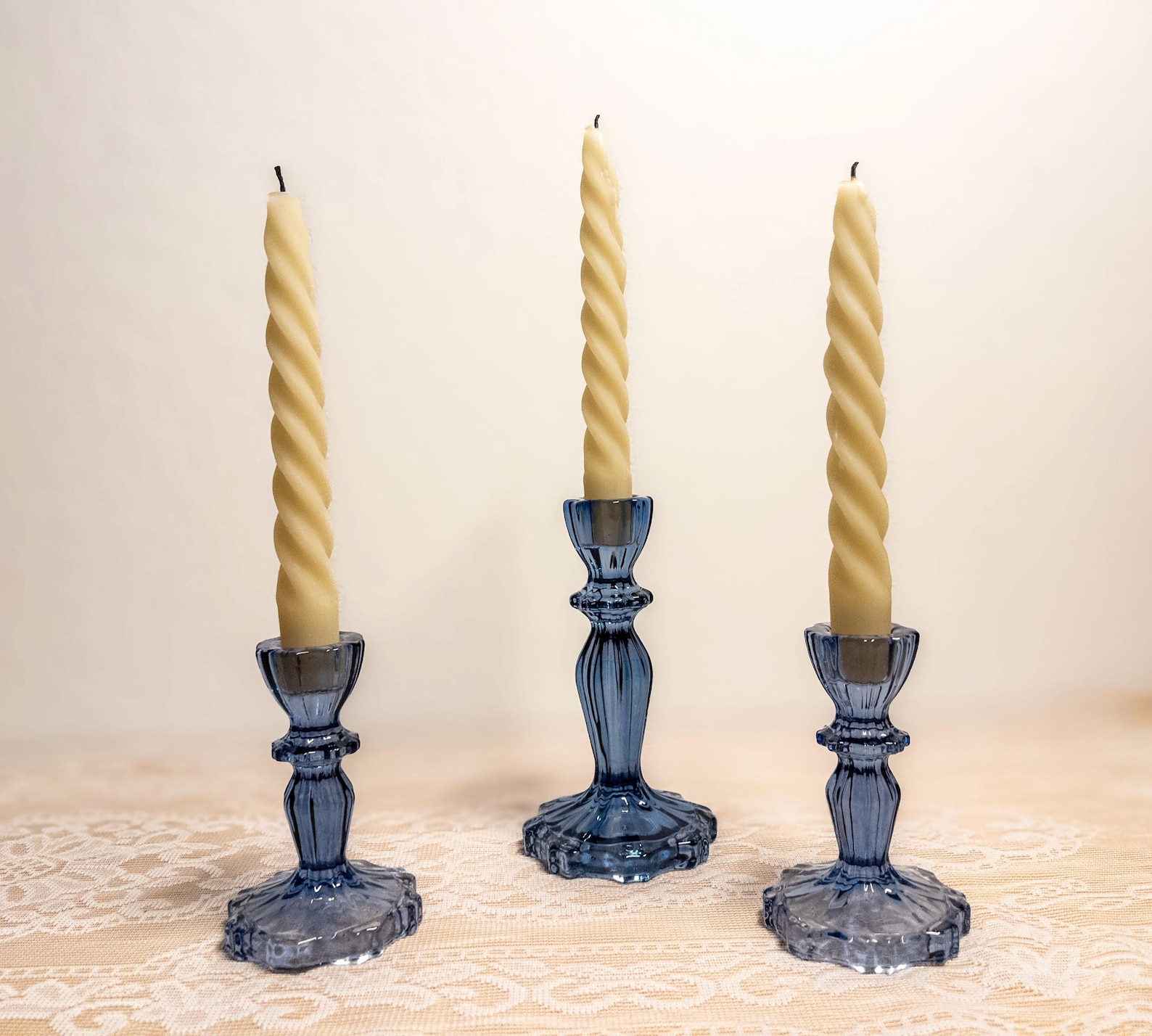 Vintage Style French Blue Glass Taper Candle Holder, Cornflower Candlestick (Set or Single) - Two Large