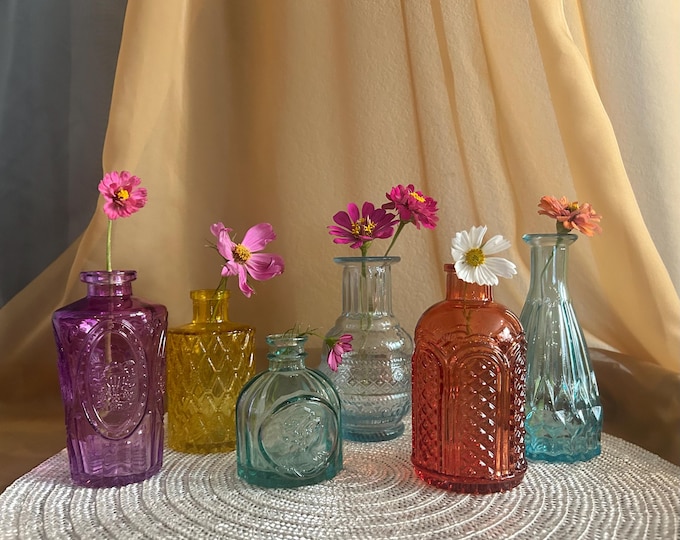 Featured listing image: Colorful Pressed Glass Bud Vases – Vintage-Inspired Textured Mini Vessels – Sold Individually or as a Set