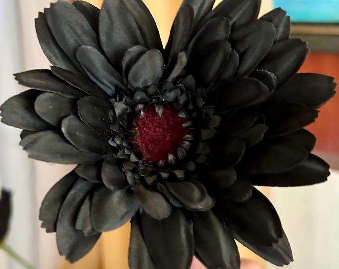 Featured listing image: Black Gerbera Daisy Stem – 26” Tall Faux Flower with Deep Red Center