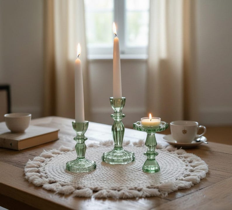 Vintage-Style Green Glass Candlestick Holders zdjęcie 4