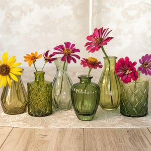 May include: A collection of six small green glass vases in various shapes and textures, each holding a single flower. The flowers include a large yellow daisy, orange blossoms, and several vibrant pink zinnia blooms with yellow centers.