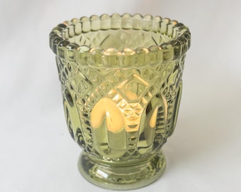 Olive Green Pressed Glass Votive Holder | Gothic Arch Diamond Footed Candle Holder | Sold Individually