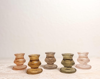 Vintage Style Ribbed Glass Taper Candle Holders | Earthy Jewel Tones