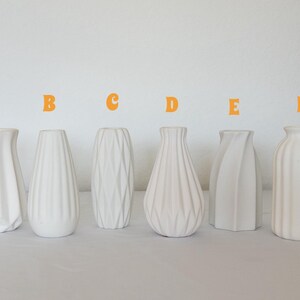 Pu&ograve; includere: Sei vasi in ceramica bianca con forme e trame diverse sono esposti su uno sfondo bianco. I vasi includono disegni con creste verticali, motivi geometrici e forme lisce e curve. I vasi sono etichettati dalla A alla F.
