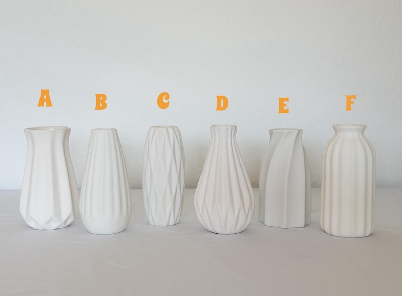 Pu&ograve; includere: Sei vasi in ceramica bianca con forme e trame diverse sono esposti su uno sfondo bianco. I vasi includono disegni con creste verticali, motivi geometrici e forme lisce e curve. I vasi sono etichettati dalla A alla F.