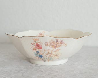 Vintage Japanese Lotus Bowl | Pastel Floral Scalloped Gold Rim Serving Dish