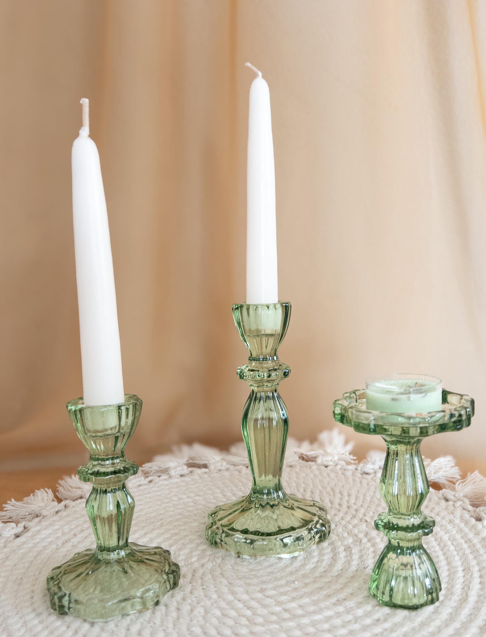Vintage-Style Green Glass Candlestick Holders