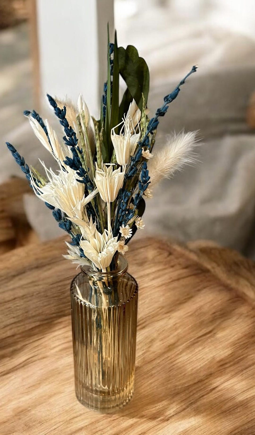 Dried Flower Bouquet in Amber Column Vase - Boho Wedding Natural Home ...