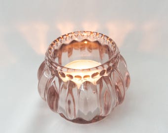 Blush Pink Ribbed Glass Votive Holder | Vintage Style Tea Light Decor | Sold Individually