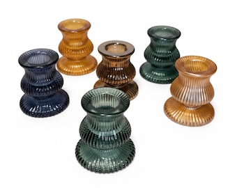Jewel Tone Ribbed Glass Taper Candle Holders | Vintage Hourglass Candlestick, Eclectic Decor