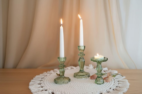Vintage-Style Green Glass Candlestick Holders